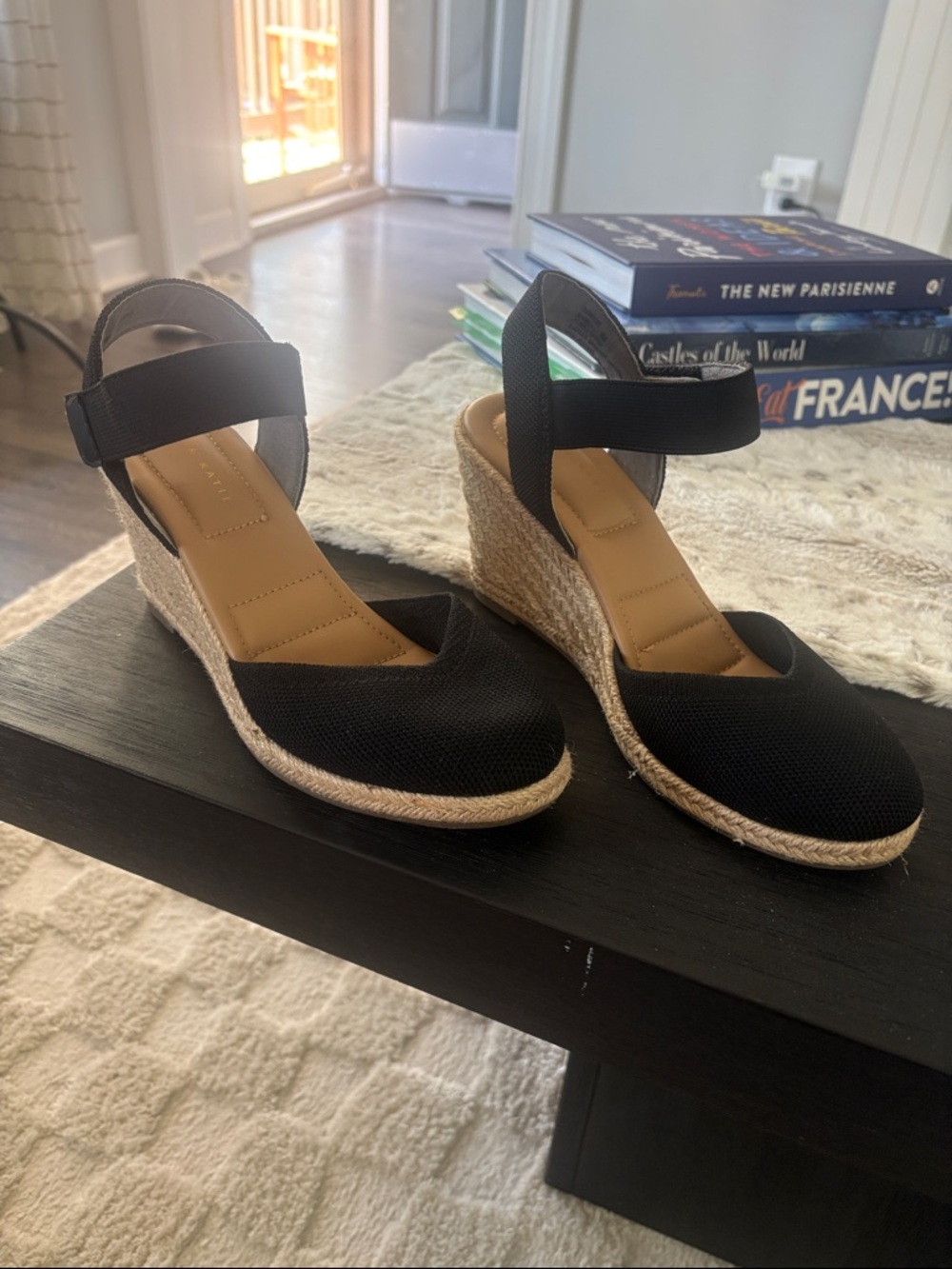 Kelly & Katie Black Espadrille Wedge Sandals with Ankle Strap